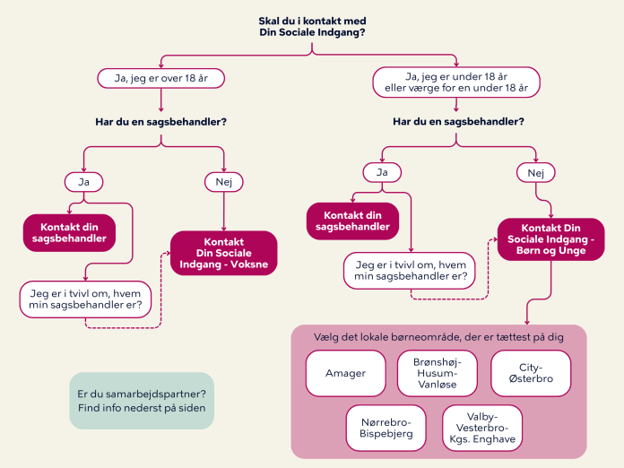 Grafik med guide til, hvem du skal kontakte i Din Sociale Indgang. Har du allerede en sagsbehandler først denne.